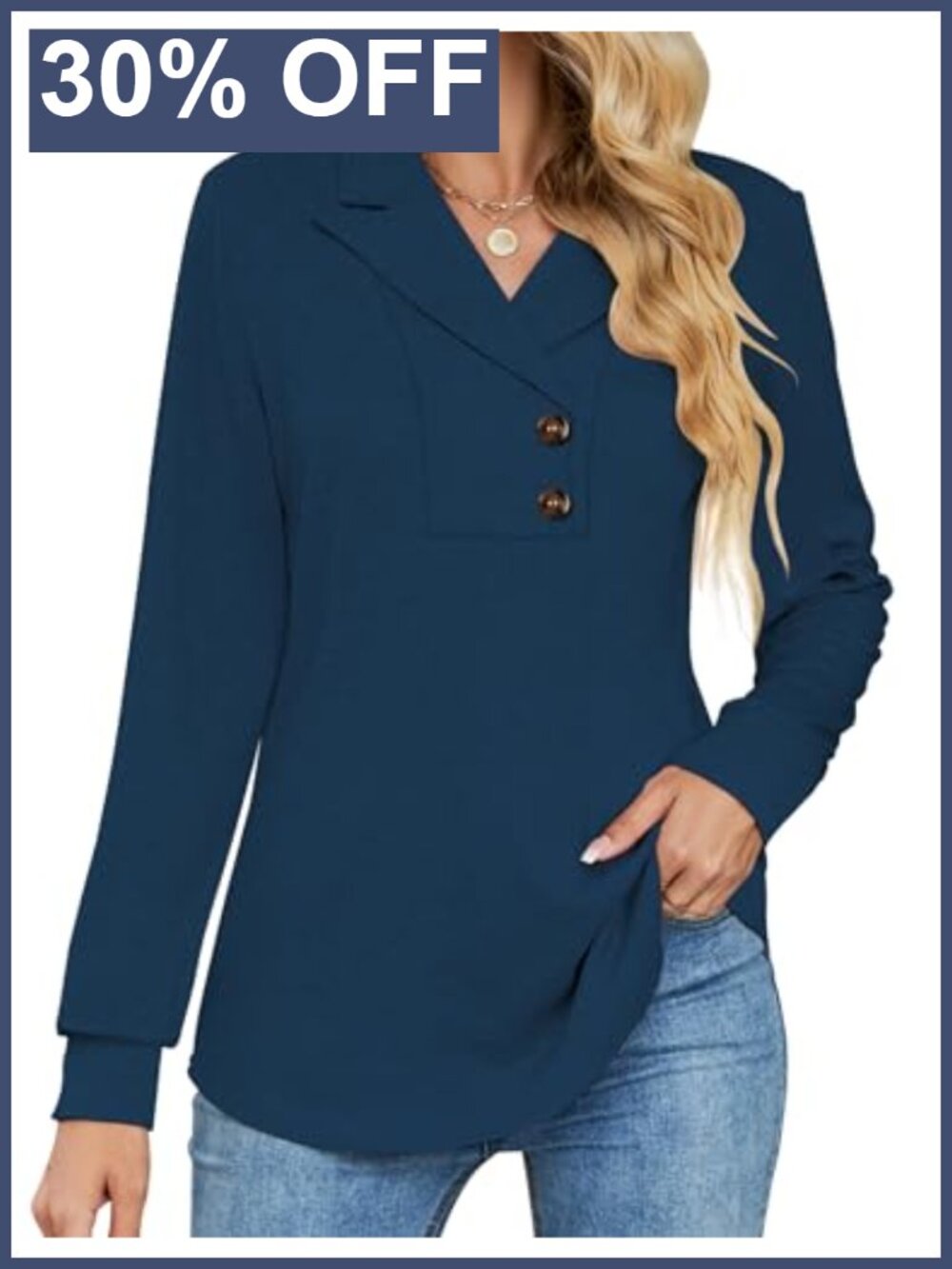 Womens Long Sleeve Button Lapel Tunic Top V Neck Business Casual Swing